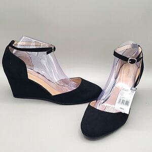 Attention Black Ankle Strap Wedge Shoes, Size 10, NWT